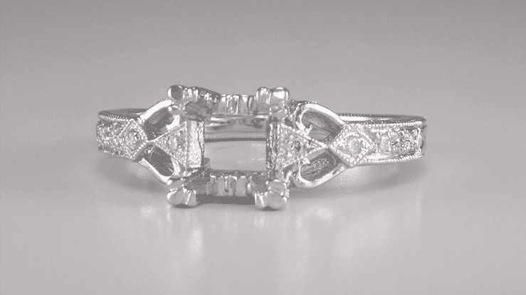 Loving Hearts 3/4 Carat Antique Style Platinum Art Deco Engraved Engagement Ring Setting - Item: R459P-LC - Image: 5