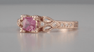 Loving Hearts Princess Cut Pink Sapphire Antique Style Engraved Engagement Ring in 14 Karat Rose ( Pink ) Gold