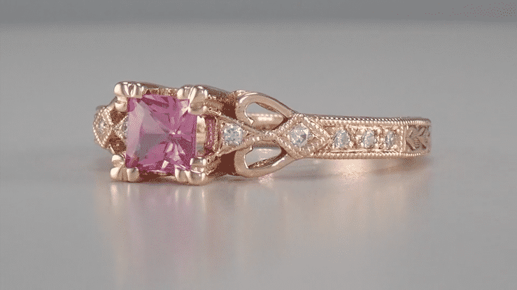Loving Hearts Princess Cut Pink Sapphire Antique Style Engraved Engagement Ring in 14 Karat Rose ( Pink ) Gold - Item: R459RPS - Image: 6