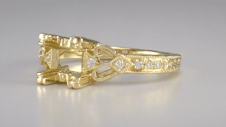 Loving Hearts Yellow Gold 3/4 Carat Round or Princess Cut Diamond Engraved Antique Style Engagement Ring Setting - Item: R459Y14-LC - Image: 6