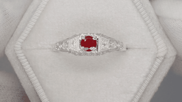Low Profile Art Deco Ruby and Diamond Filigree Engagement Ring in Platinum - Item: R227P - Image: 4