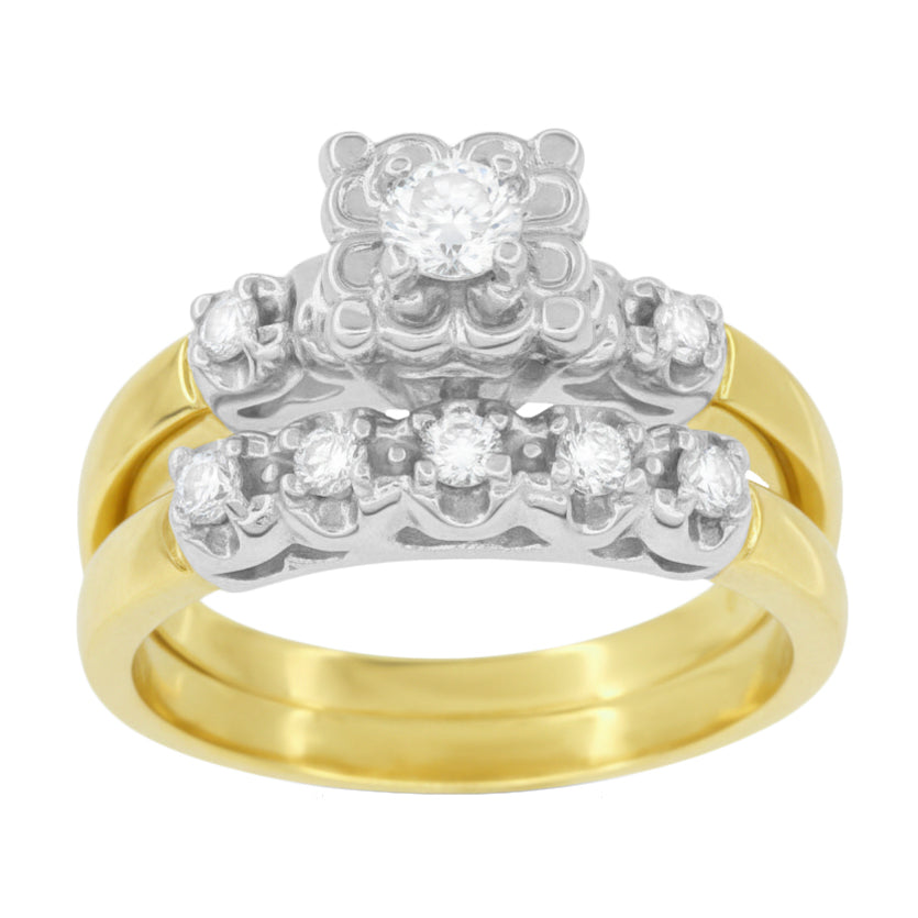 Lucky Clover Vintage 1950s Mixed Metals Yellow & White Gold Diamond Wedding & Engagement Ring Set - Item: R674YWS-LC - Image: 4