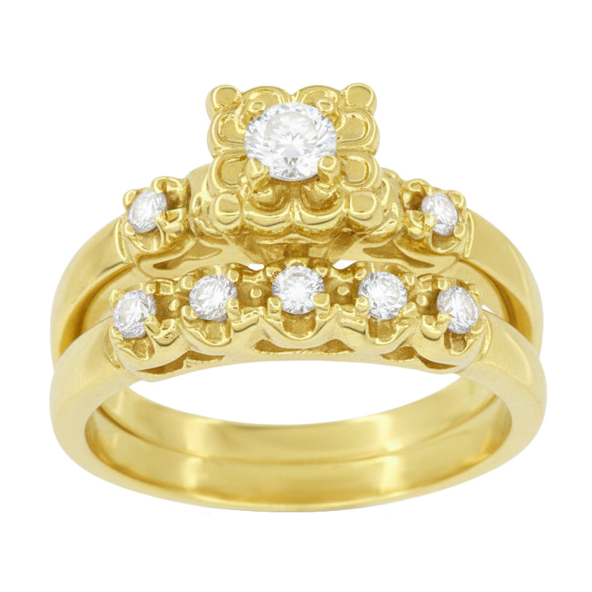 Lucky Clover Retro Modern Diamond Engagement Ring and Wedding Ring Set in 14 Karat Yellow Gold - Item: R674YS-LC - Image: 3