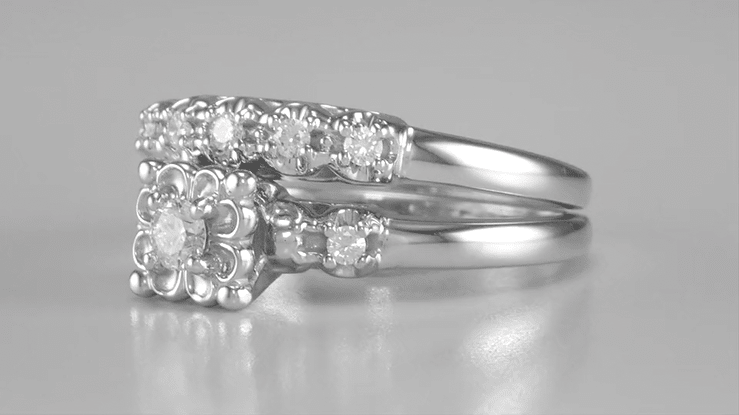 Lucky Clover Retro Moderne White Sapphires Wedding Set in 14K White Gold - Item: R674SWS - Image: 7