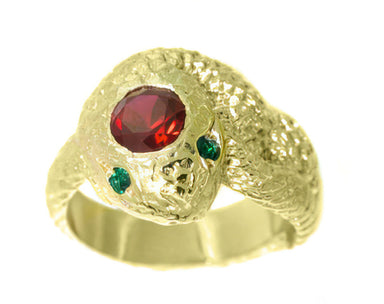 1960's Era Men's Snake Ring with Ruby and Emeralds in 14 Karat Yellow Gold