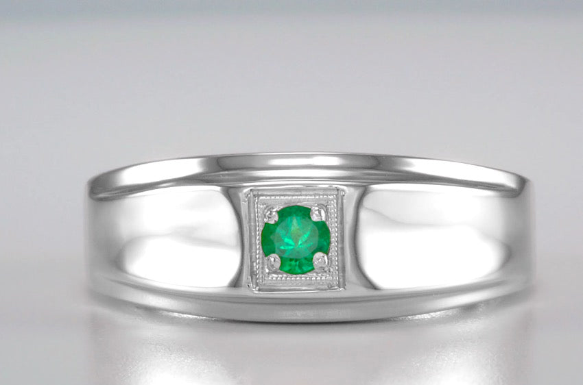 Retro Moderne 1950s Simple Mens Vintage Emerald Ring in White Gold
