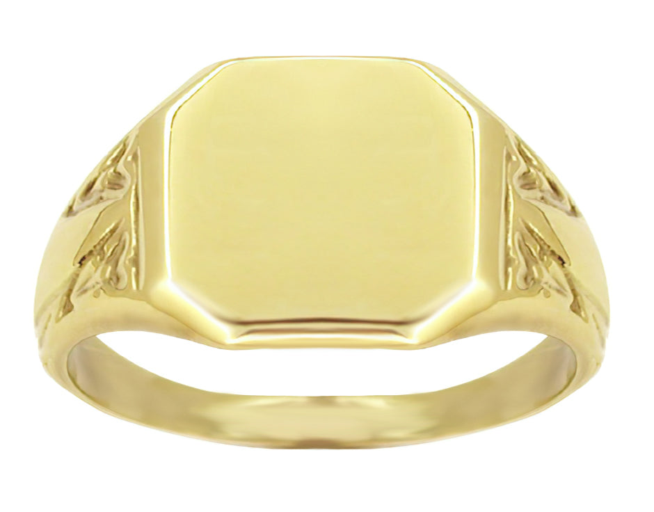 Men's Victorian Square Signet Ring in Yellow Gold with Engraved Shoulders