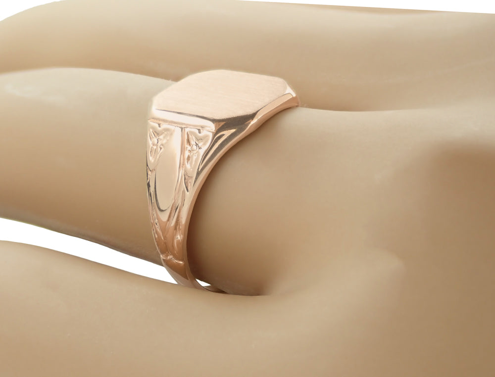 Victorian Nature Engraved Rose Gold Square Signet Ring - Item: MR119R - Image: 4