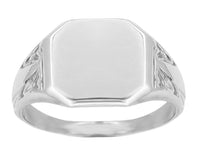 Antique Style Chased Victorian Square Signet Ring in White Gold