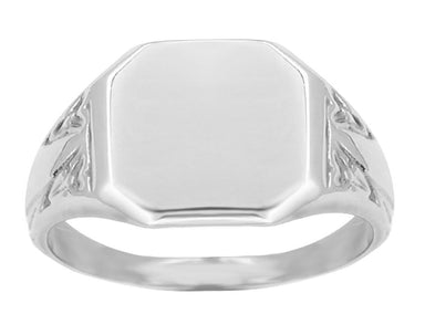 Antique Style Chased Victorian Square Signet Ring in White Gold