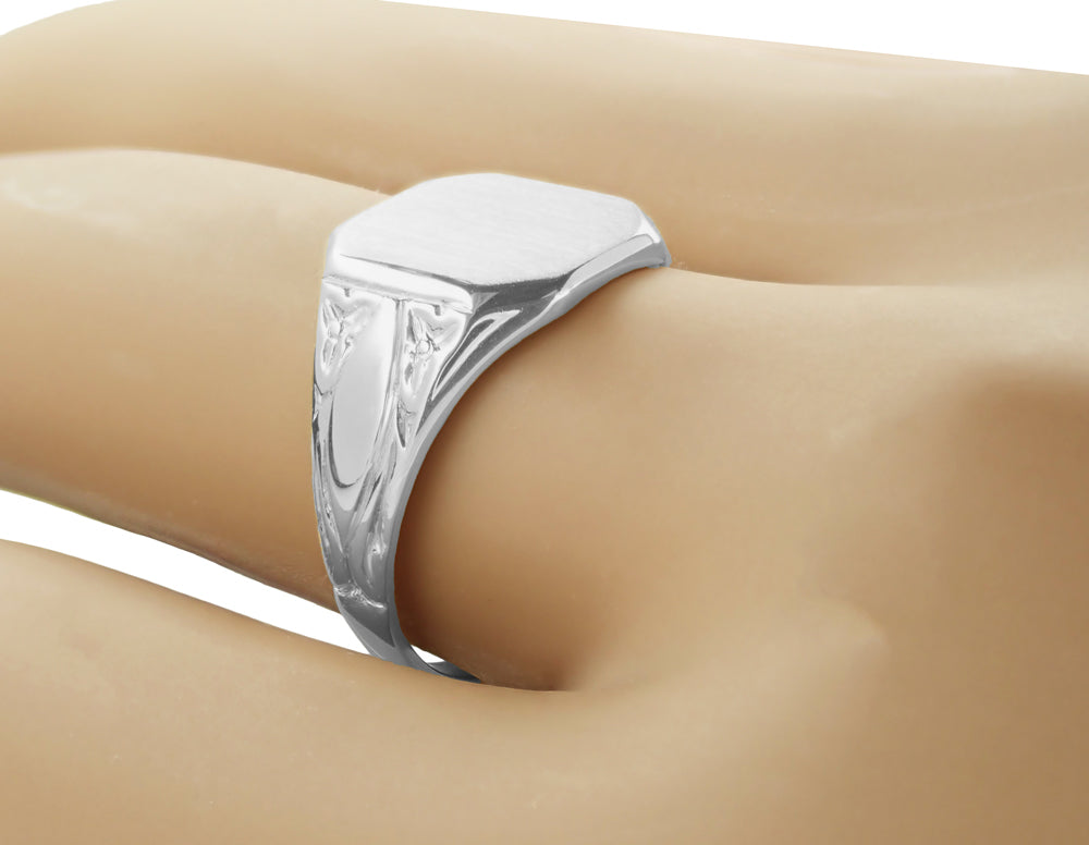 Antique Style Chased Victorian Square Signet Ring in White Gold - Item: MR119W10 - Image: 5