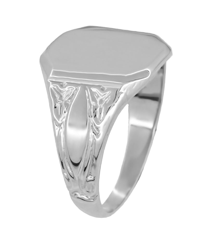 Antique Style Chased Victorian Square Signet Ring in White Gold - Item: MR119W10 - Image: 2