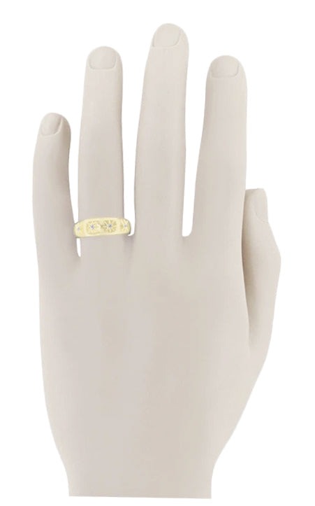 1950's Retro Modern Yellow Gold Tapered Starburst Diamond Wedding Band for a Man - Item: MR122Y10-LC - Image: 2