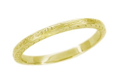 Art Deco Yellow Gold Thin Wedding Band with Wheat Engraving on Three Sides - 2.3mm Wide