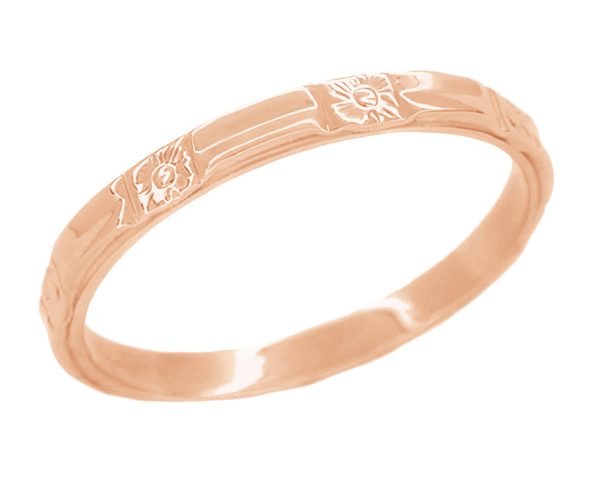 Art Deco Sculptural Floral Wedding Band in 14 Karat Rose Gold - 2.5mm Wide