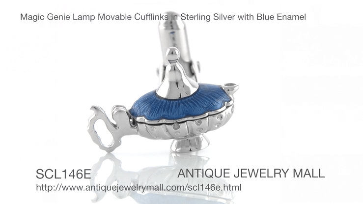 Magic Genie Lamp Movable Cufflinks in Sterling Silver with Blue Enamel - Item: SCL146E - Image: 7