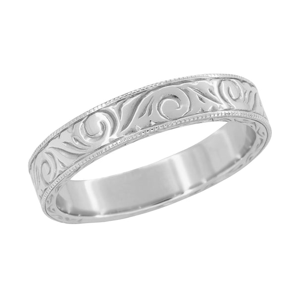 Men's Art Deco Scrolls Vintage Engraved Wedding Band in 10, 14 or 18 Karat White Gold - 4mm Wide