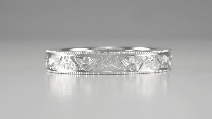 Mens Art Deco Antique Style Engraved Floral Fan Millgrain Edged Wedding Ring in White Gold | 4mm - Item: R1159W10 - Image: 5