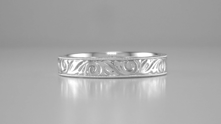 Men's Art Deco Scrolls Vintage Engraved Wedding Band in 10, 14 or 18 Karat White Gold - 4mm Wide - Item: WR199MW10 - Image: 7