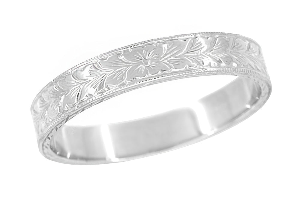 Mens Art Deco Vintage Design Engraved Wheat Wedding Ring in 10K, 14K, or 18K White Gold