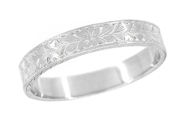 Mens Art Deco Vintage Design Engraved Wheat Wedding Ring in 10K, 14K, or 18K White Gold