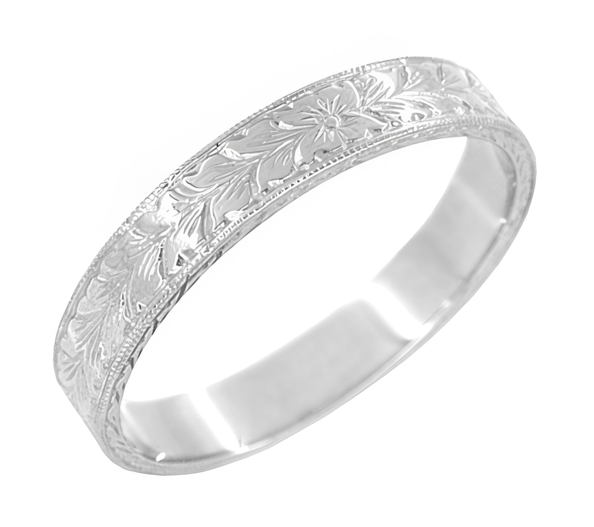 Mens Art Deco 4mm Platinum Vintage Engraved Wheat Wedding Ring