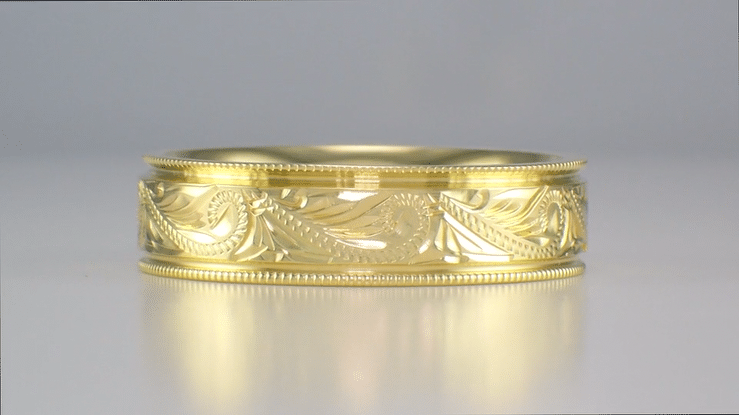 Yellow Gold Men's Hand Engraved Art Deco Scrolls 6mm Vintage Style Western Wedding Band - Item: R1204Y10 - Image: 4