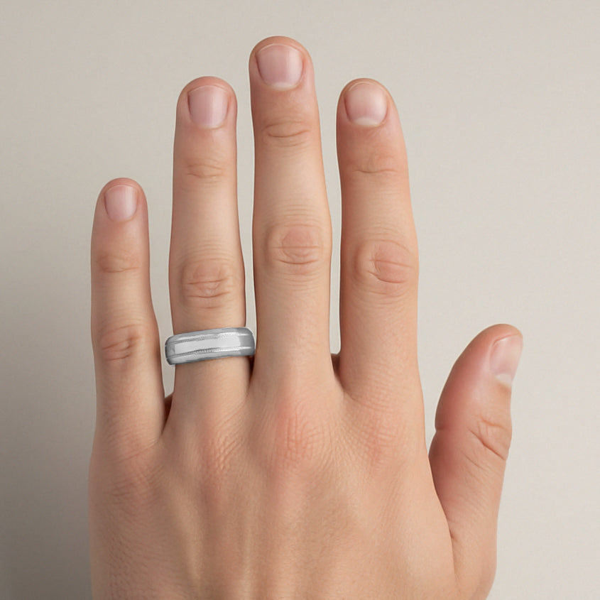 Mid Century Modern Men's Double Milgrain Center Wedding Band in White Gold - 6mm Wide - 10K, 14K or 18K - Item: R1263W10 - Image: 7