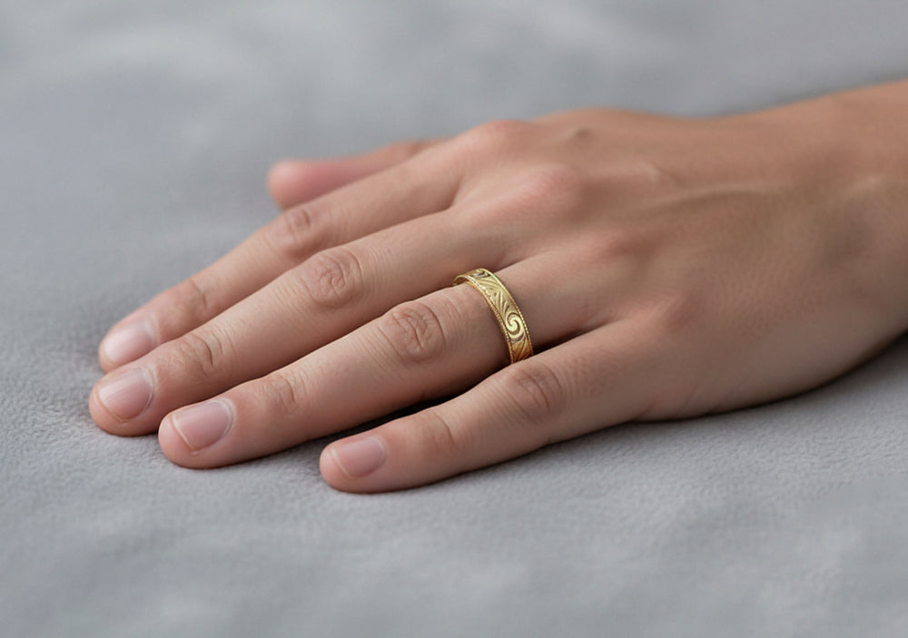 Men's Yellow Gold Art Deco Antique Scrolls Engraved Wedding Band - 10K, 14K or 18K - Item: WR199MY10 - Image: 6
