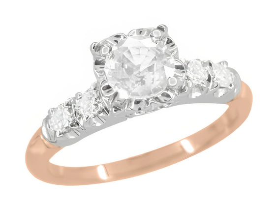 Mid Century Retro Modern Mixed Metal 14 Karat White and Rose Gold Diamond Engagement Ring - 0.81 Ct. Tw.