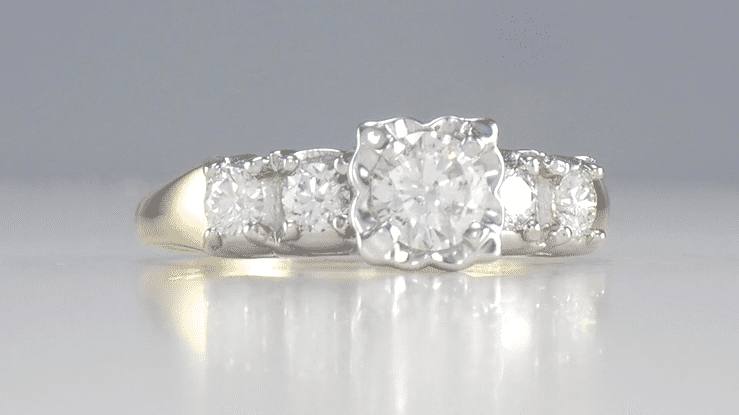 Mid Century Mixed Metal Diamond Engagement Ring in Two Tone 14 Karat White and Yellow Gold - Item: R728D-LC - Image: 7