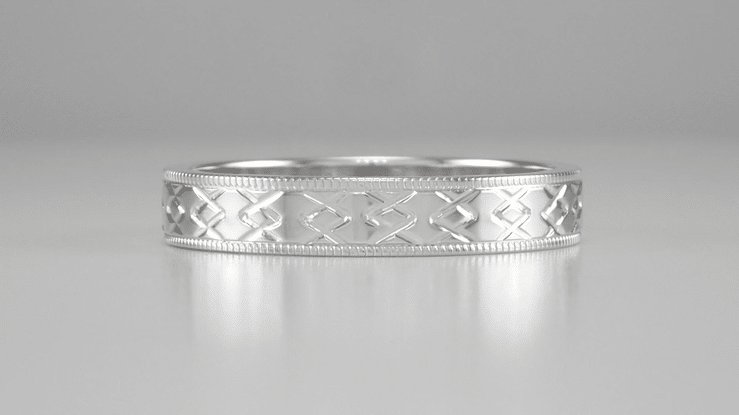 Mid Century Modern Interlocking Chevrons Engraved Wedding Band in White Gold - 4mm - Item: R803W10 - Image: 5
