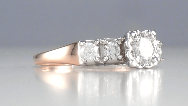 Mid Century Retro Modern Mixed Metal 14 Karat White and Rose Gold Diamond Engagement Ring - 0.81 Ct. Tw. - Item: R728RD-LC - Image: 7