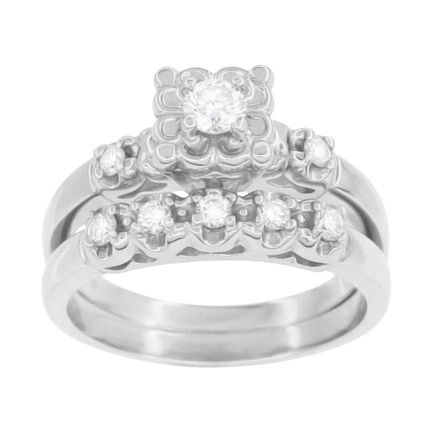 Retro Mid Century Modern Platinum Lucky Clover Diamond Engagement Ring & Wedding Band Set - Item: R674PS - Image: 4