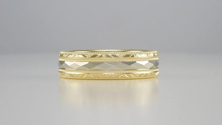 Mixed Metals 1950's Retro Sculptural Kaleidoscope Vintage Style Wide Wedding Band in 14K Yellow and White Gold - Item: R859YWY - Image: 6