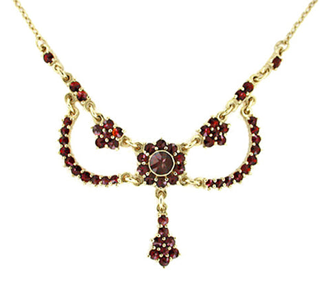 Victorian Bohemian Garnet Teardrop Necklace in Sterling Silver and Yellow Gold Vermeil - 16"