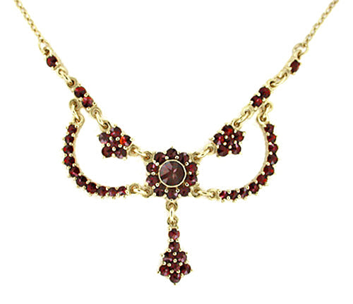 Victorian Bohemian Garnet Teardrop Necklace in Sterling Silver and Yellow Gold Vermeil - 16"