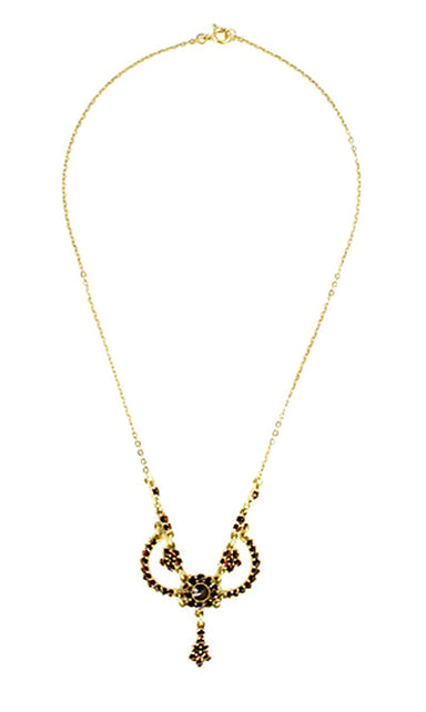 Victorian Bohemian Garnet Teardrop Necklace in Sterling Silver and Yellow Gold Vermeil - 16" - alternate view