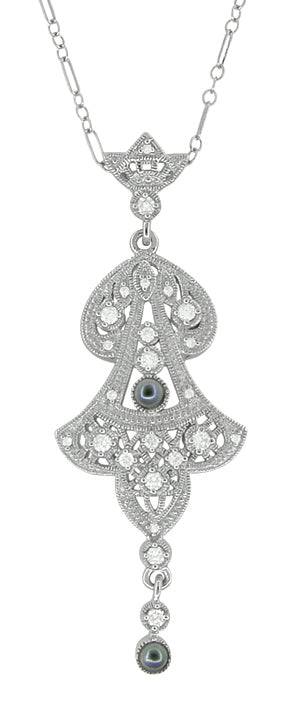 Black Pearl Edwadian Lavalier Antique Necklace in Sterling SIlver- N147SS