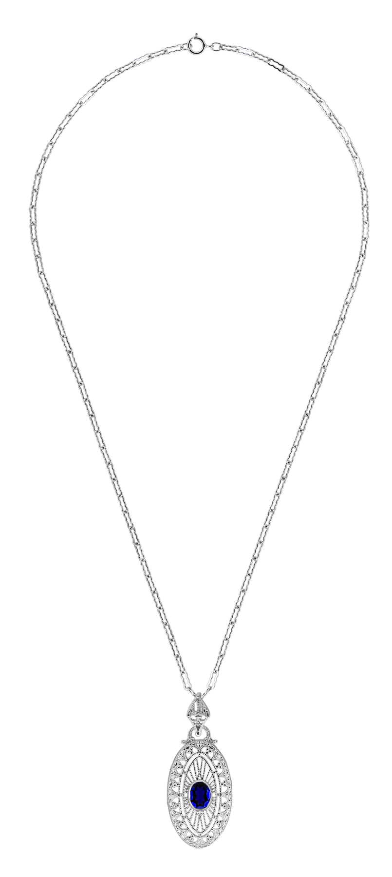 Art Deco Filigree Oval Blue Sapphire Pendant Necklace in Sterling Silver - Item: N148S - Image: 3