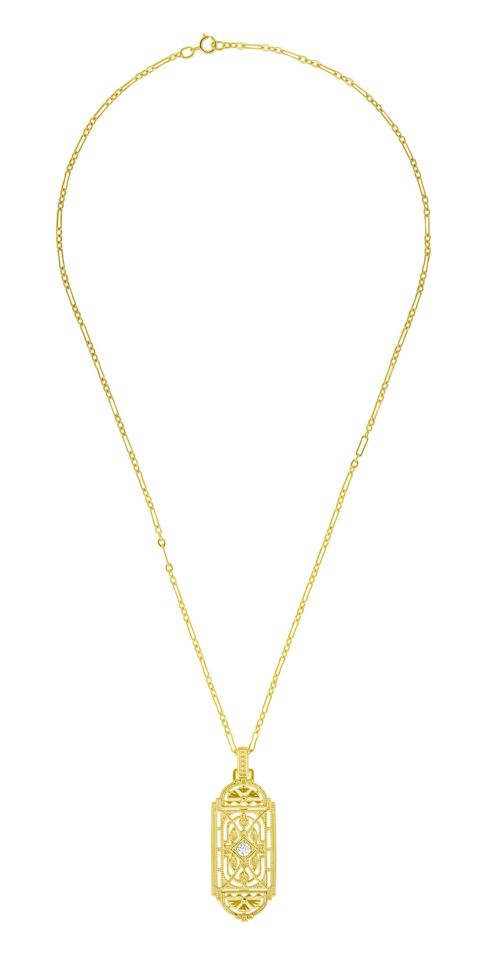 Geometric Art Deco Filigree White Sapphire Necklace Pendant in Yellow Gold Over Solid Sterling Silver - Item: N150YWS - Image: 3