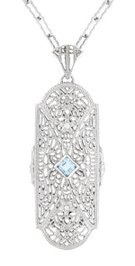 Art Deco Floral Filigree Aquamarine Pendant Necklace in Sterling Silver with Diamonds