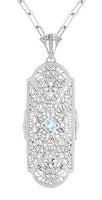 Art Deco Floral Filigree Aquamarine Pendant Necklace in Sterling Silver with Diamonds