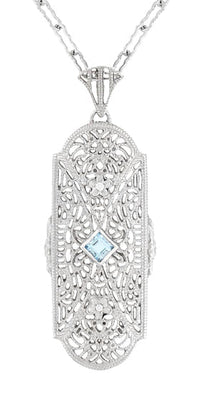 Art Deco Floral Filigree Aquamarine Pendant Necklace in Sterling Silver with Diamonds