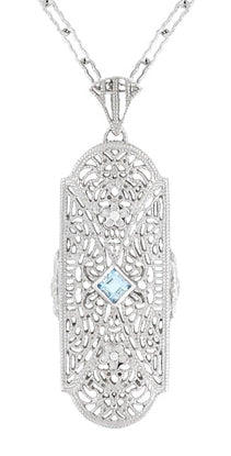 Art Deco Floral Filigree Aquamarine Pendant Necklace in Sterling Silver with Diamonds