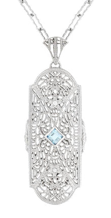 Art Deco Floral Filigree Aquamarine Pendant Necklace in Sterling Silver with Diamonds