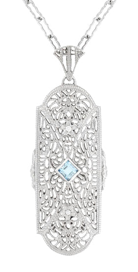 Art Deco Floral Filigree Aquamarine Pendant Necklace in Sterling Silver with Diamonds