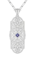 1920's Art Deco Floral Filigree Tanzanite Pendant Necklace in Sterling Silver with Diamonds