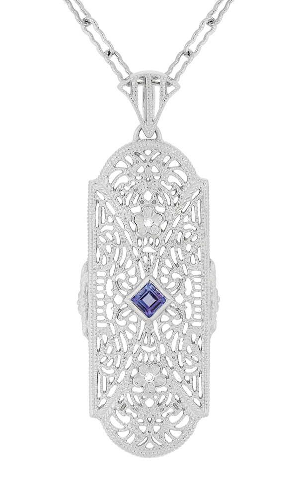 1920s Filigree North South Antique Tanzanite Pendant in Sterling Silver - N151TA