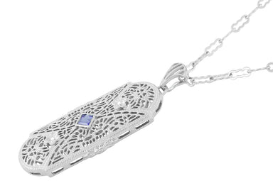 1920's Art Deco Floral Filigree Tanzanite Pendant Necklace in Sterling Silver with Diamonds - alternate view